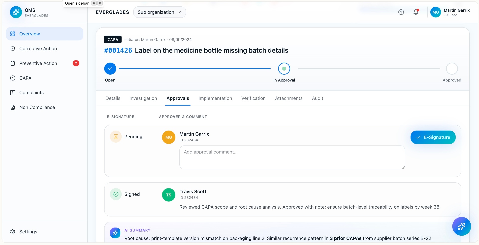 CAPA approvals — e‑signature flow with AI summary.