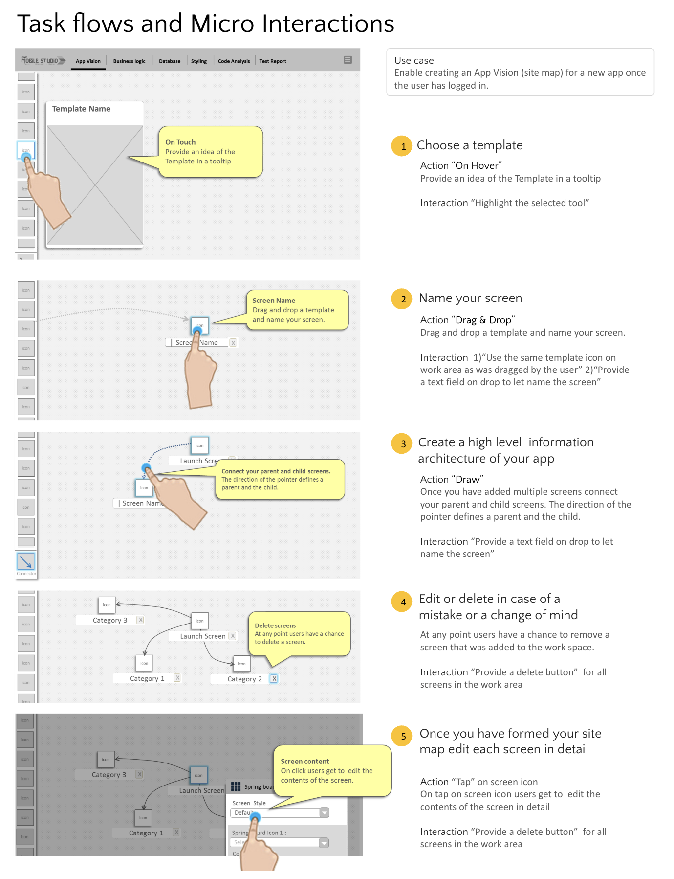 Task flows and micro-interactions — App Vision builder: choose a template, name your screen, define information architecture, edit/delete with confidence, and drill into each screen's detail.