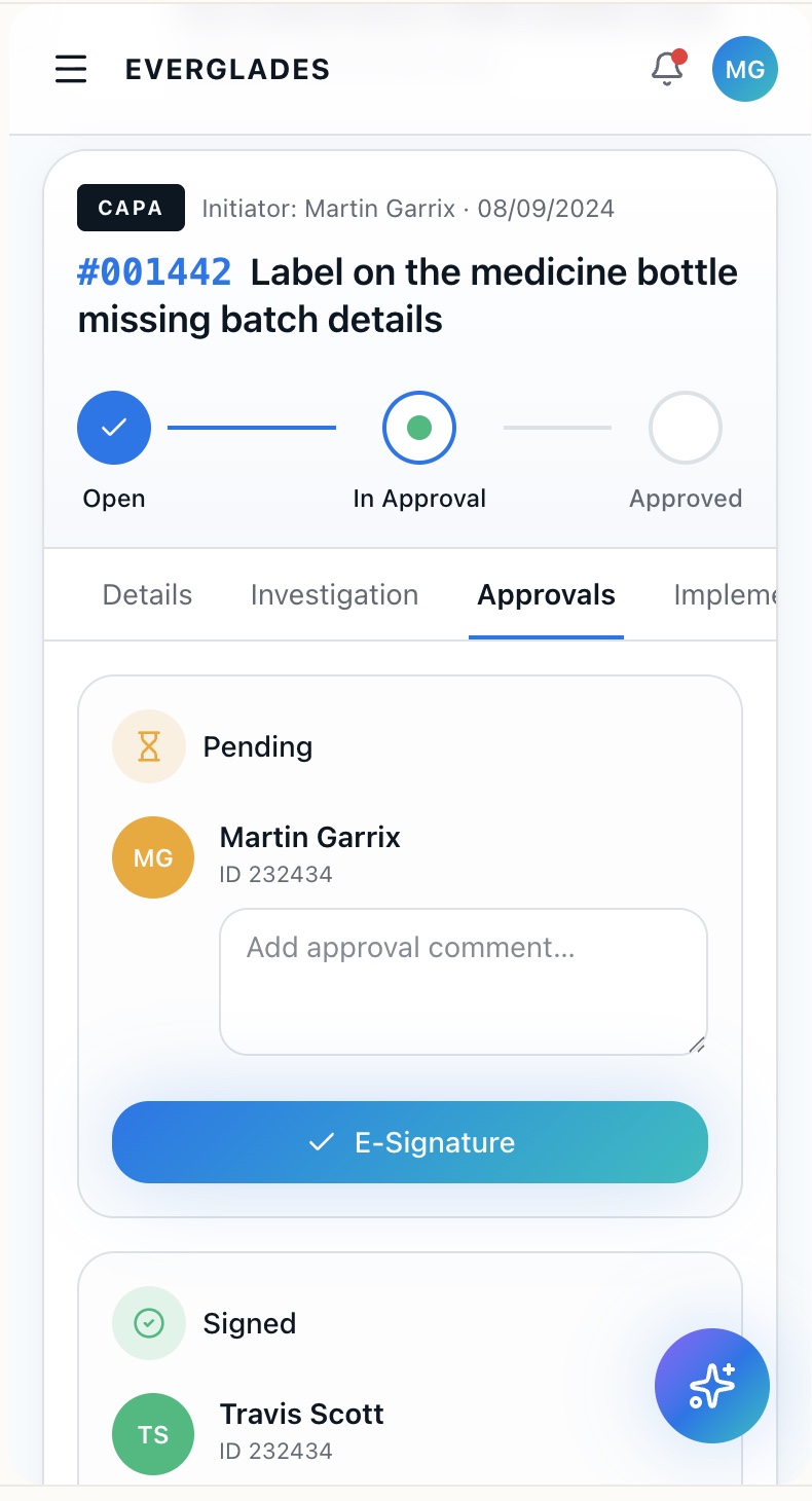 Mobile CAPA approval — e‑signature.
