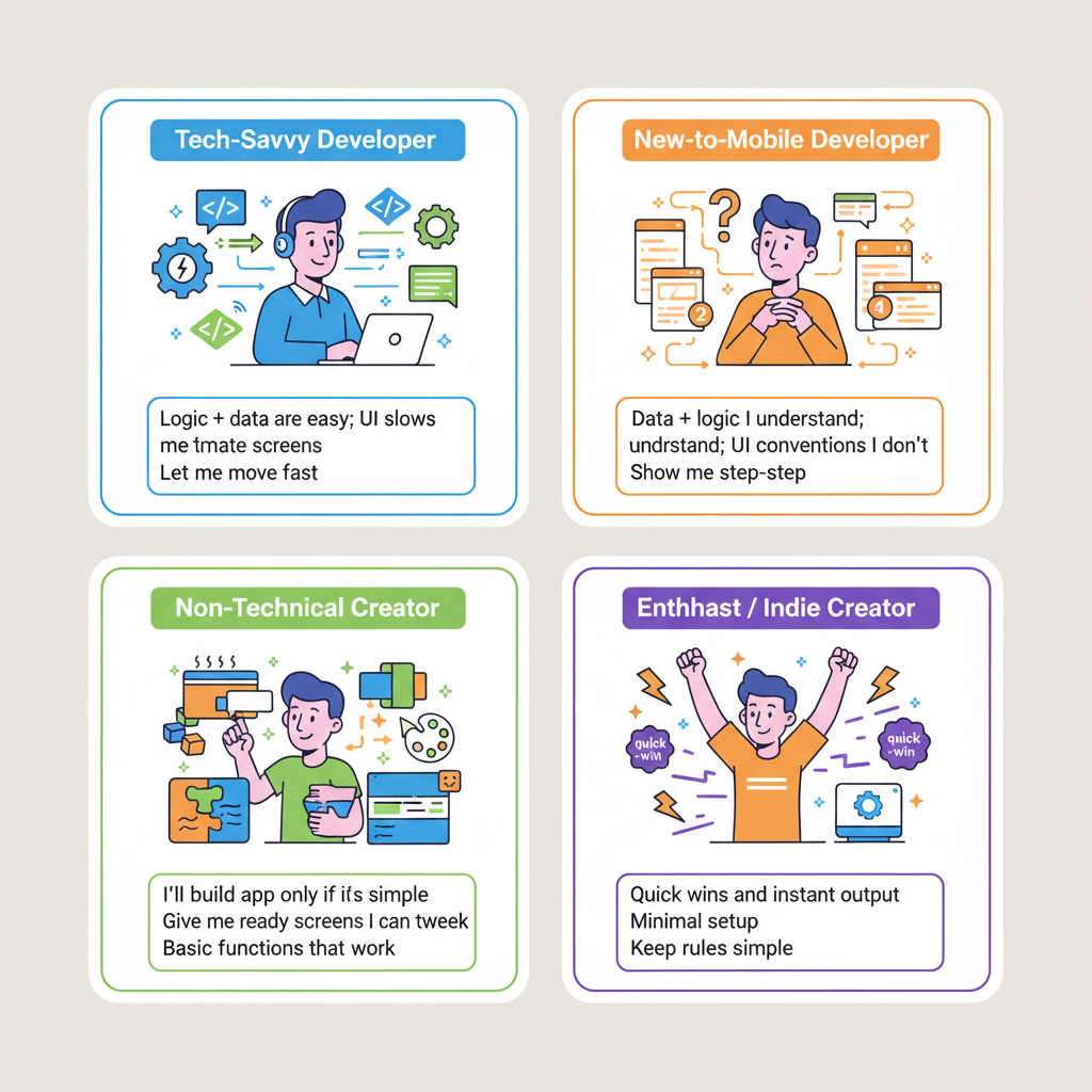 Four user archetypes — Tech-Savvy Developer, New-to-Mobile Developer, Non-Technical Creator, and Enthusiast / Indie Creator — with their goals and constraints.