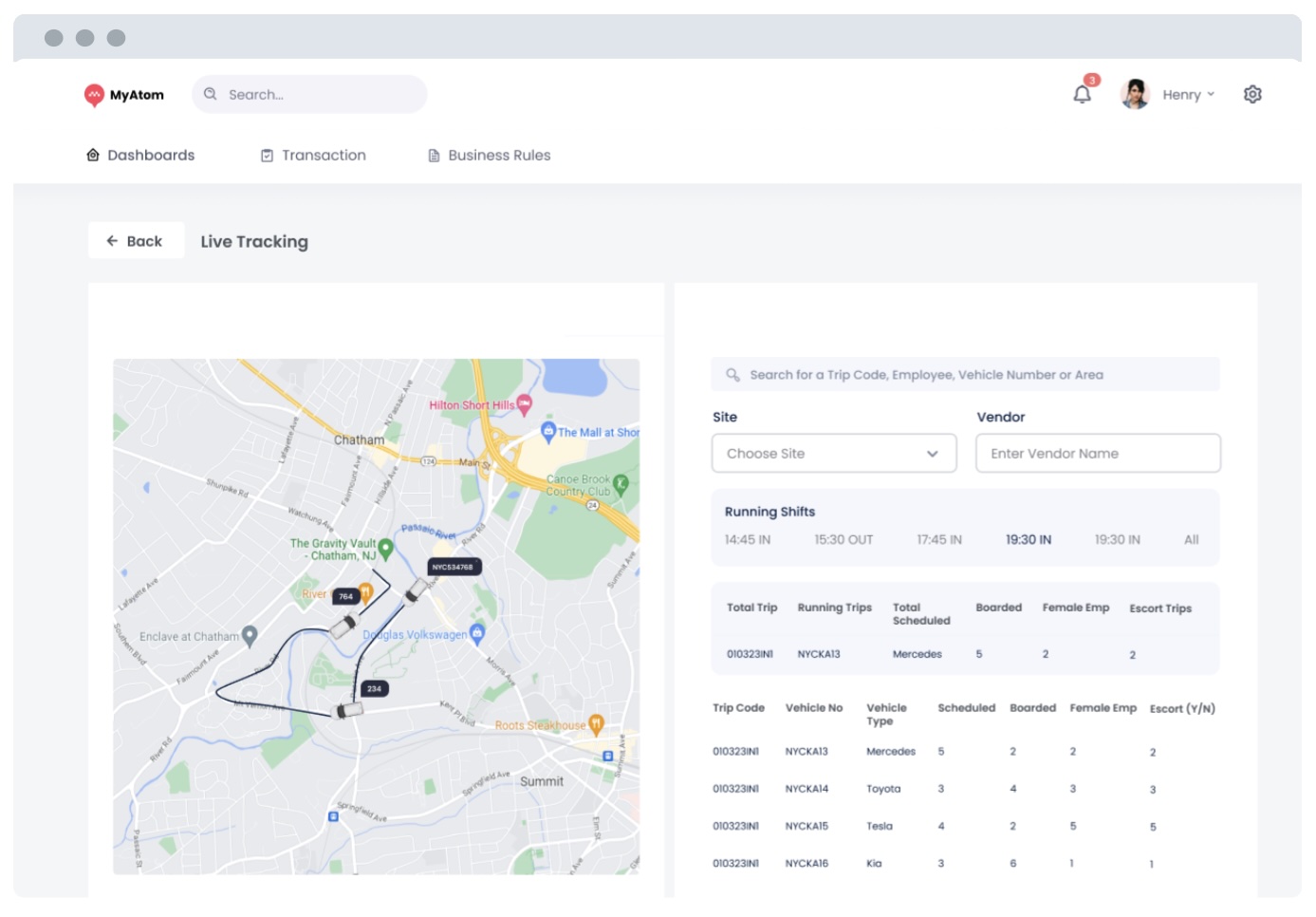 MyAtom web — live tracking with running shifts, trip counts and vehicle roster.