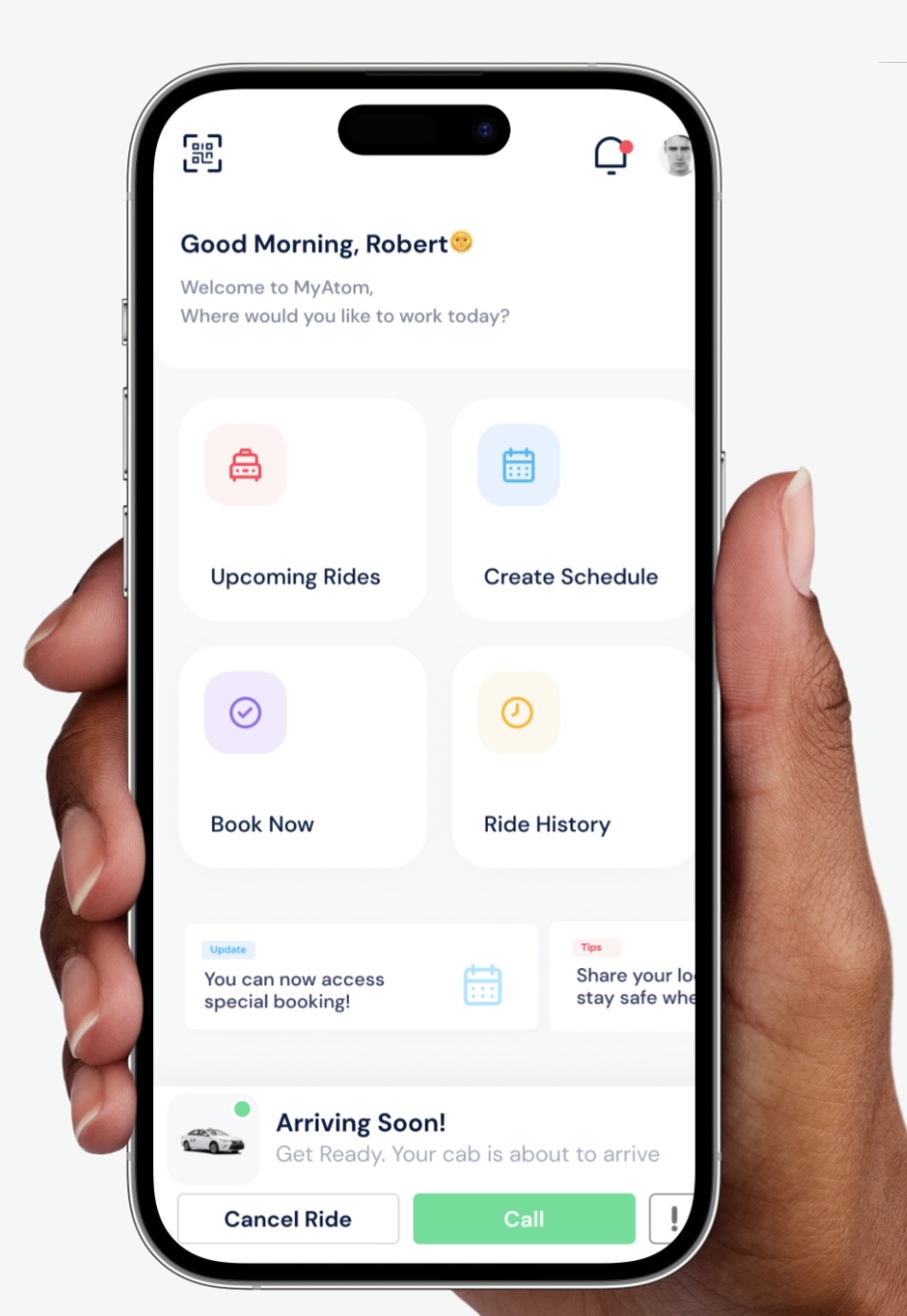 MyAtom mobile — personalised home with upcoming rides, scheduling and live cab status.