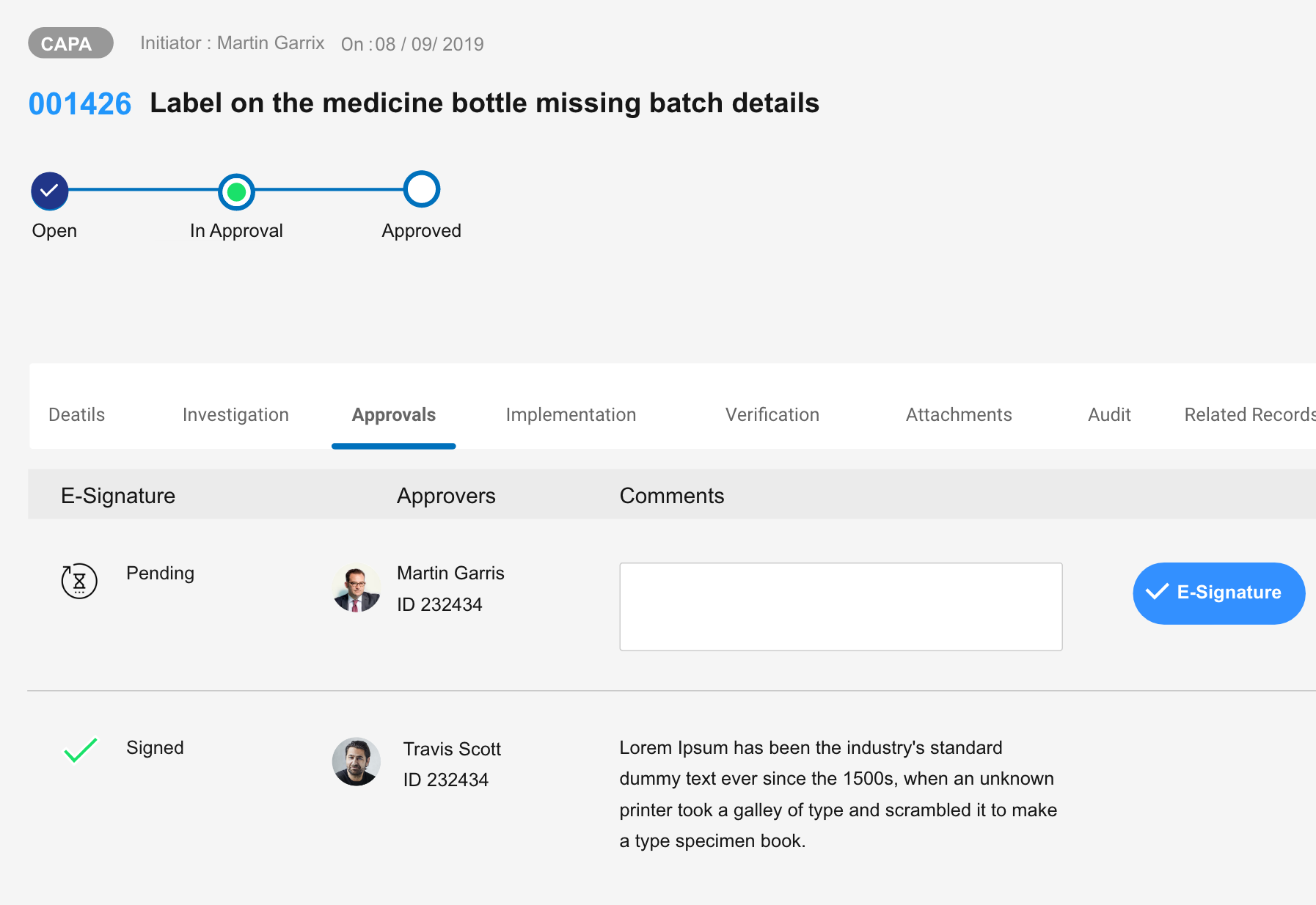 Approvals tab with E-Signature flow