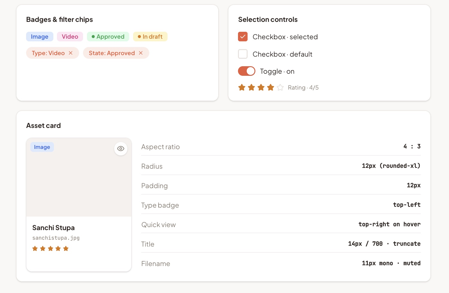 Component library — badges, filter chips, selection controls and the asset card spec.