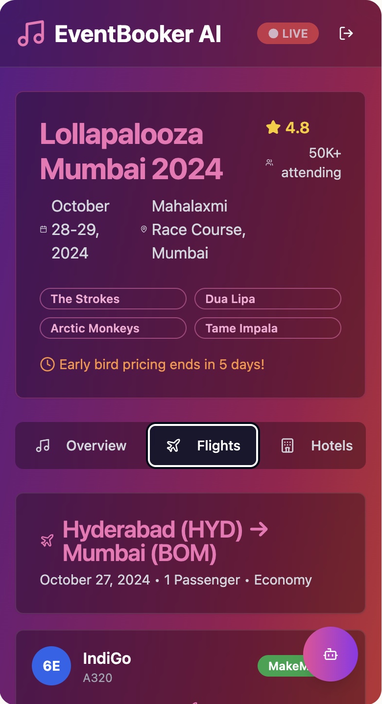 Flights — partner inventory (IndiGo, MakeMyTrip) bookable inside the event context.