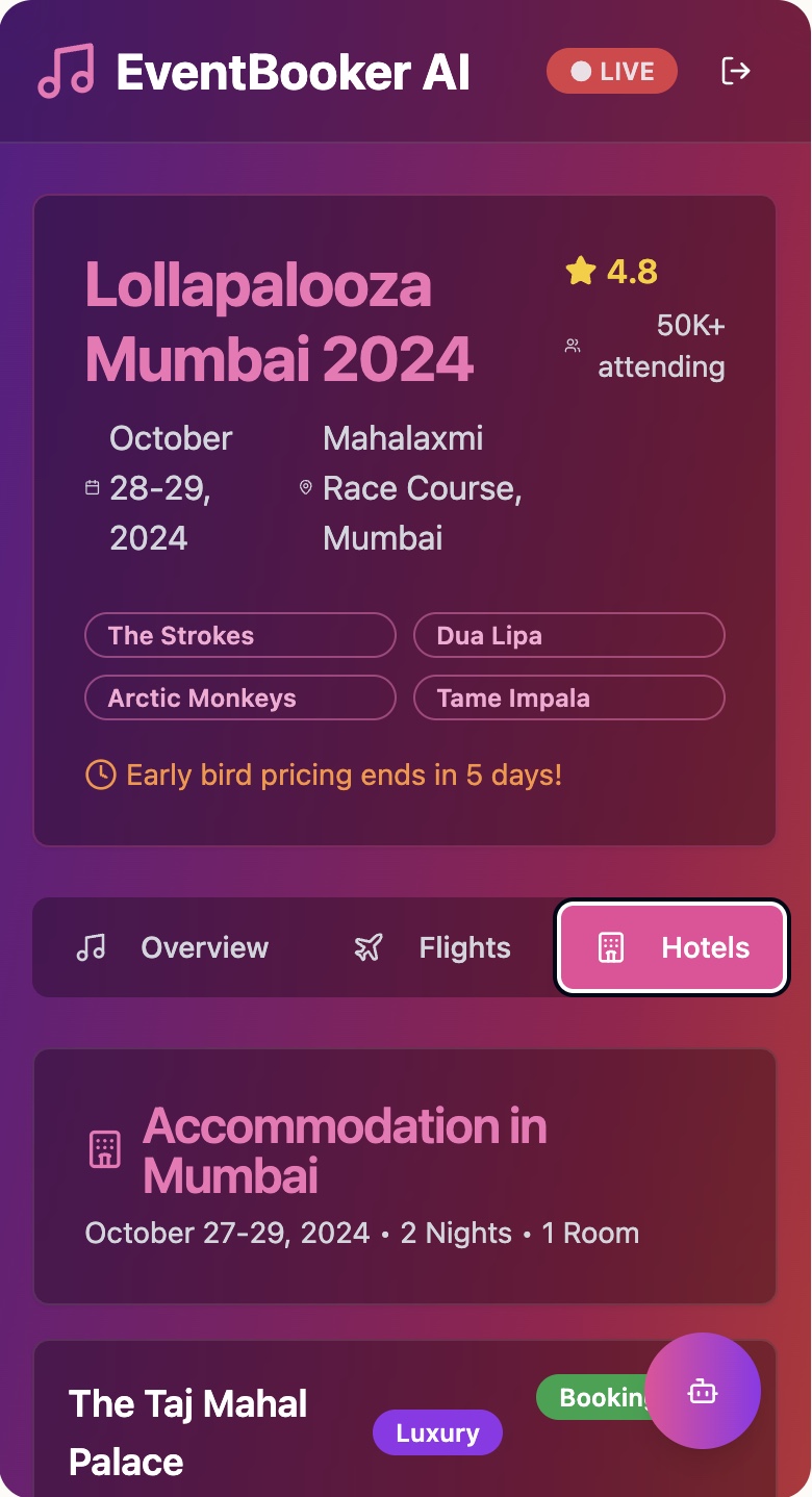 Hotels — accommodation near the venue, matched to event dates and party size.