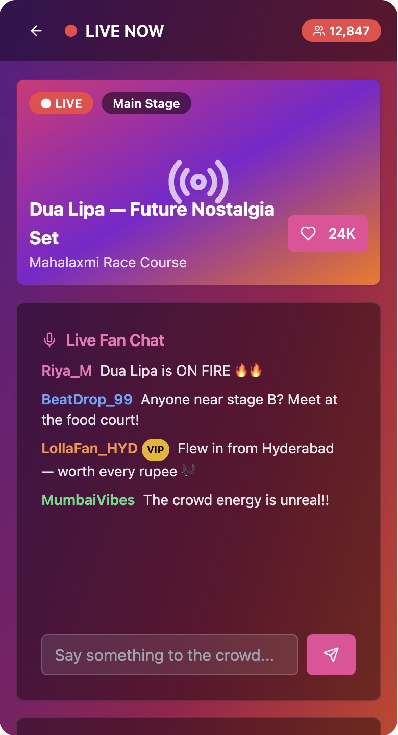 Live event — stream, ranked fan chat and on-ground meetups when the show is on.