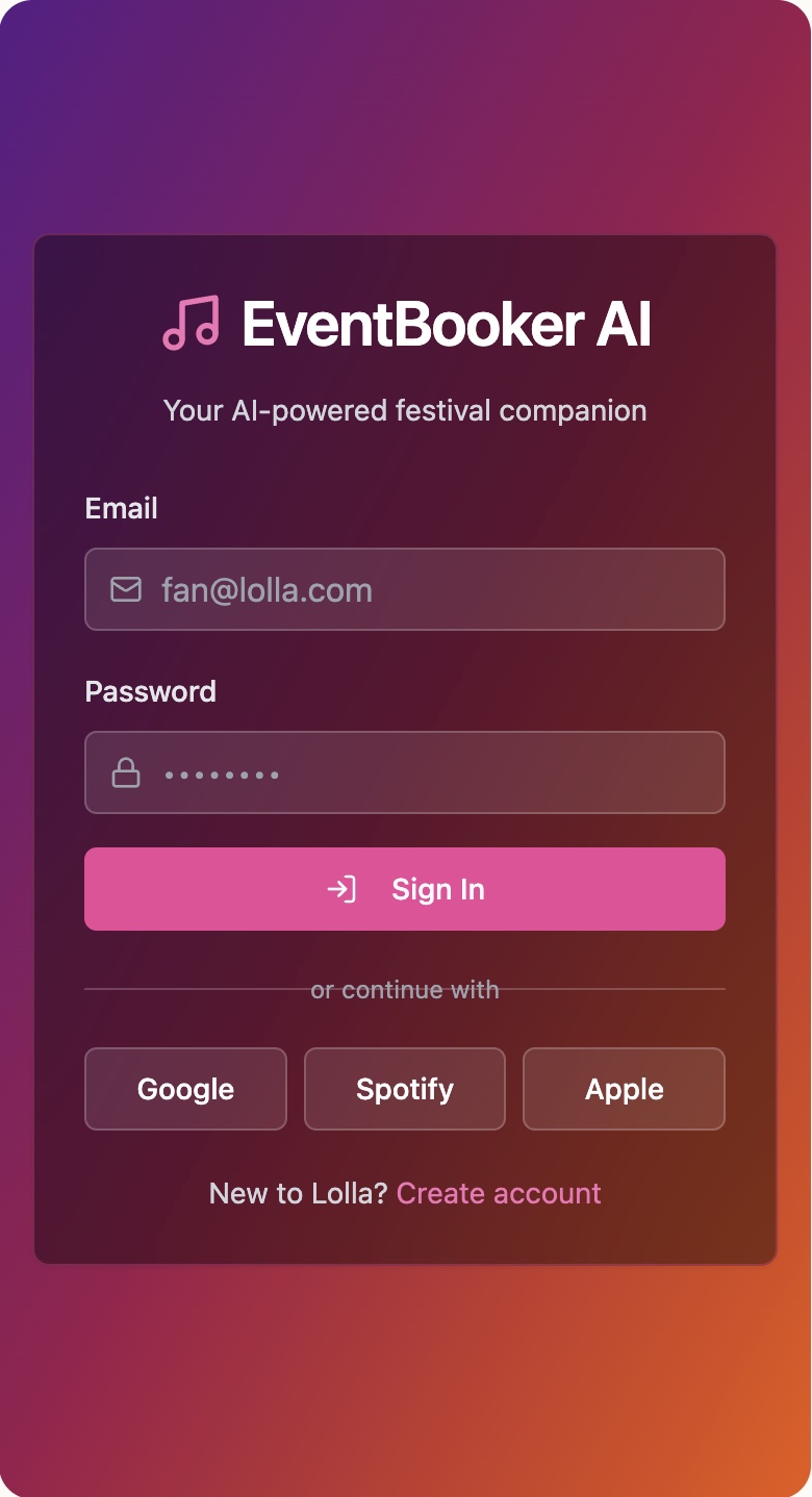 Auth — social sign-in via Google, Spotify and Apple, framed for festival-night context.