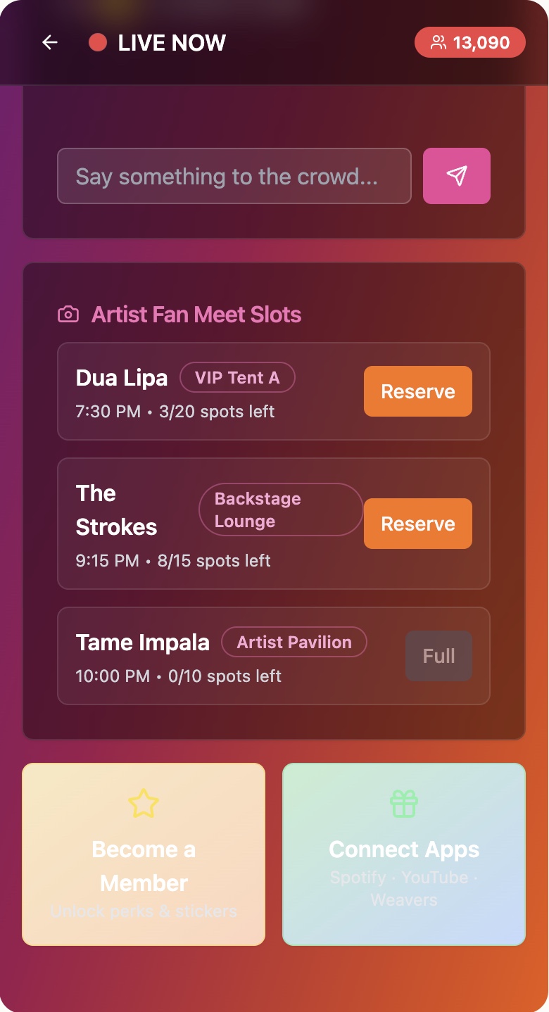 Artist fan-meet reservation slots — the emotional peak of event day.