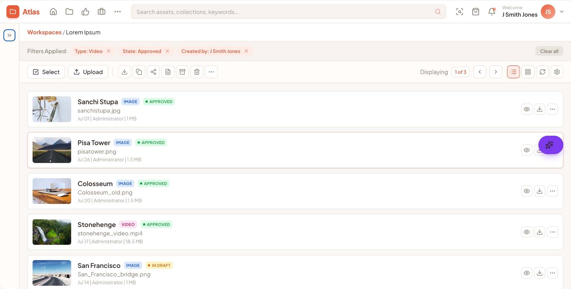 Workspace — list view with type, state and metadata at a glance.