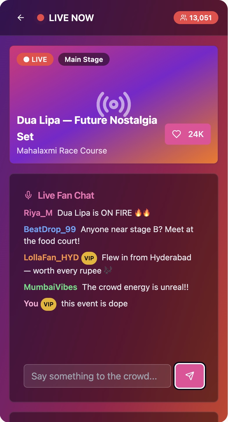 Live now — Dua Lipa main-stage stream with signal-ranked fan chat.