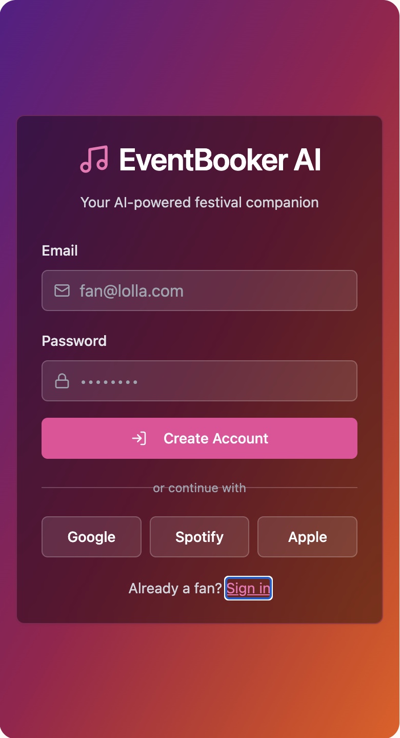 Auth — social login via Google / Spotify / Apple.