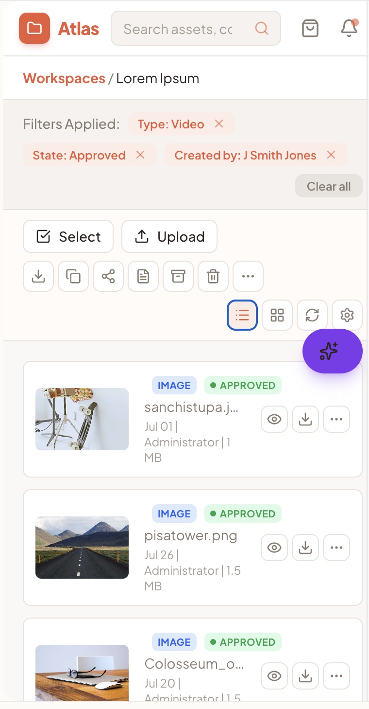 Mobile — bottom-sheet filters, stacked toolbar and the floating AI search affordance.