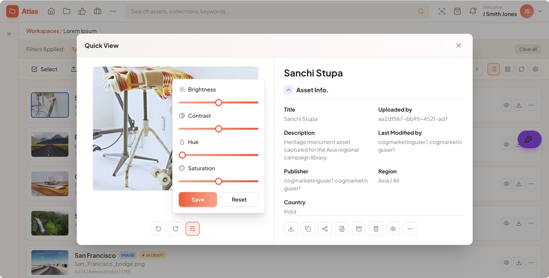 Quick view — image adjustments alongside structured asset metadata.
