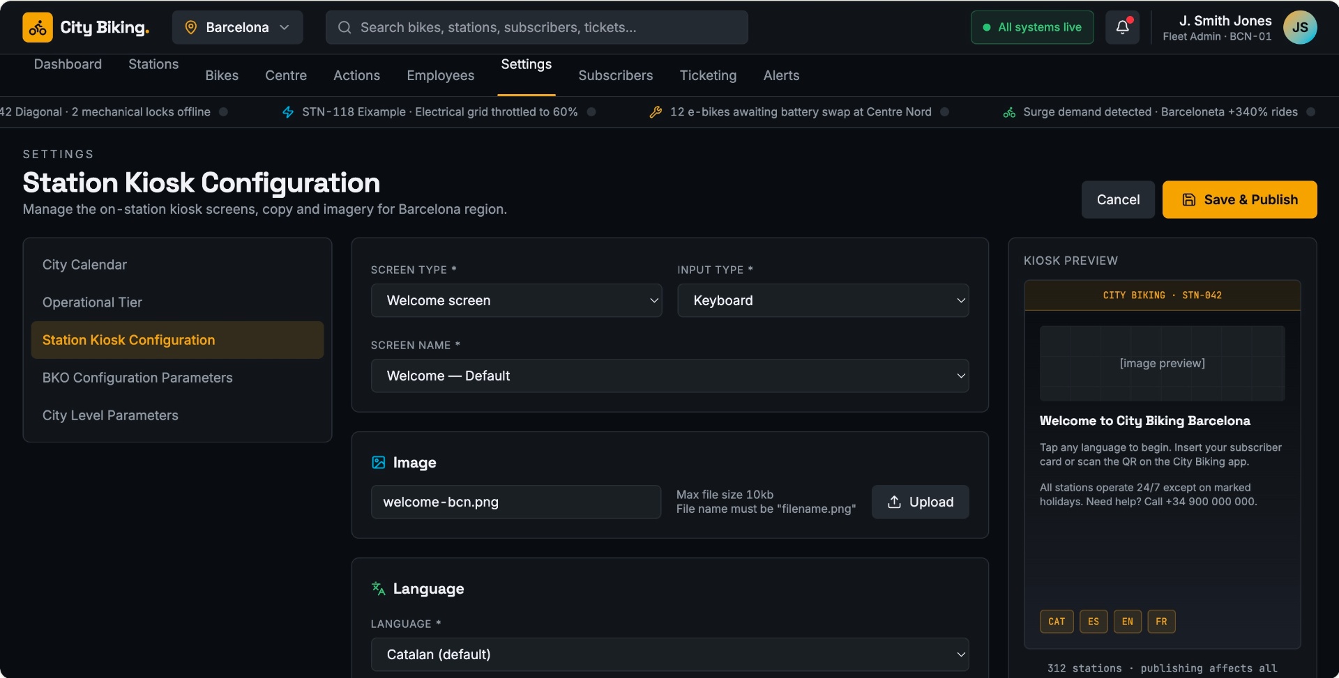 Station kiosk configuration — manage on-station screens, copy and imagery with live preview.