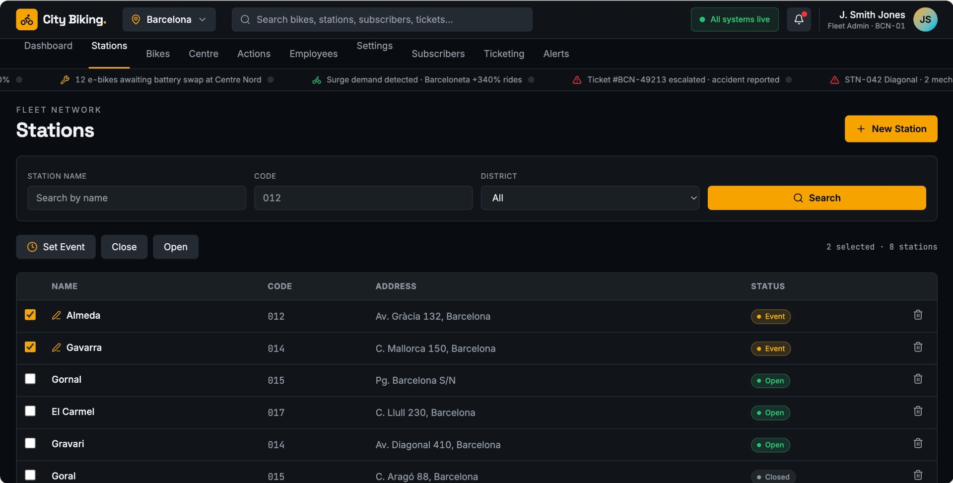Stations management — bulk actions, filters and status at a glance across the fleet network.